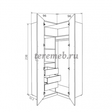 Шкаф угловой Лотос 8.18, Артикул 4017323, Размеры (ДхГхВ): (960х960) х 522 х 2380 мм