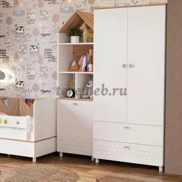 Шкаф 2-х дверный Эйп 13.334, Материалы: ЛДСП; ПВХ; ДВП; Металл; Пластик, Цвет: Дуб белый/Белый шагрень