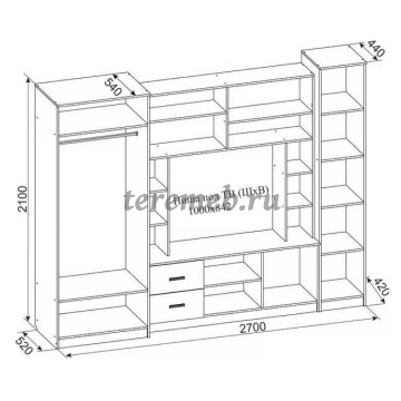 Стенка Флора, Артикул 7693069, Размеры (ДхГхВ): 2100 х 544 х 2100 мм, ниша под ТВ:, 1000 х 544 х 798 мм