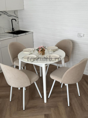 Обеденная группа: Стол раздвижной Скандинавия универсальный круглый МДФ + Стулья Элион (белый), Артикул КК-2612, Размеры (ДхГхВ): стол обеденный:, (900-1200) х 900 х 750 мм, стул:, 480 х 530 х 820 мм