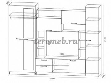 Стенка Аллегро вариант 6 ЛДСП (венге/дуб белфорт), Артикул С-2899, Размеры (ДхГхВ): 2700 х 520 х 2100 мм, ниша под ТВ:, 1000 х 410 х 800 мм
