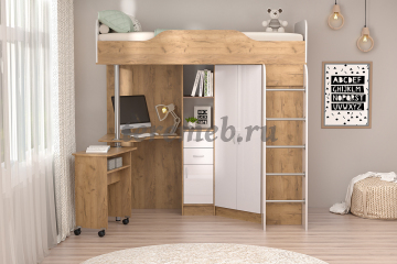 Кровать-чердак Бриз-1 (дуб крафт золотой/белый глянец) - фото товара, ракурс 1