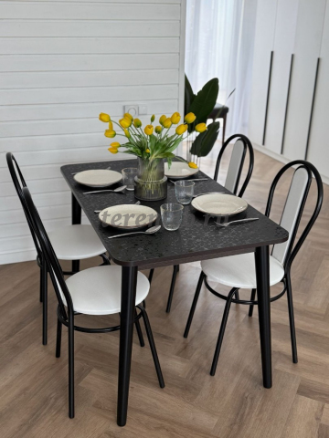 Обеденная группа: Стол Лофт (120х70) + Стулья Венские, Материалы: ЛДСП; ПВХ; Пластик; Дерево; Металл; ППУ; Экокожа, Цвет стола: Чёрный/пластик Чёрные цветы, Цвет стульев: Чёрный/экокожа Белый крокодил