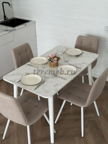 Обеденная группа: Стол раздвижной Универсальный (белый) + Стулья Дублин, Артикул КК-3062, Размеры (ДхГхВ): стол обеденный:, (1200-1500) х 700 х 750 мм, стул:, 540 х 610 х 850 мм