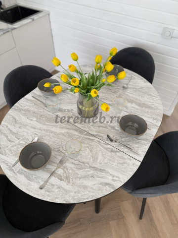 Обеденная группа: Стол раздвижной Универсальный круглый + Стулья Элион (чёрный), Артикул КК-3431, Размеры (ДхГхВ): стол обеденный:, (920-1250) х 920 х 750 мм, стул: 520 х 590 х 820 мм