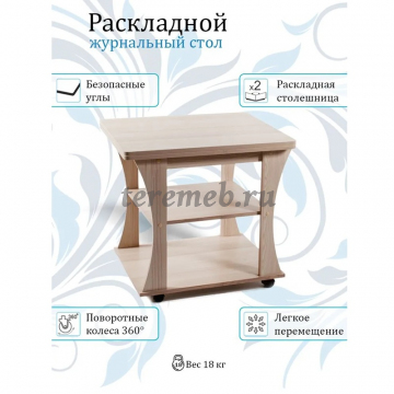 Стол журнальный раскладной СЖ-2 Бител (ясень шимо светлый), Артикул BIT000382, Размеры (ДхГхВ): в сложенном виде:, 700 x 580 х 650 мм, в разложенном виде:, 1180 х 700 x 635 мм