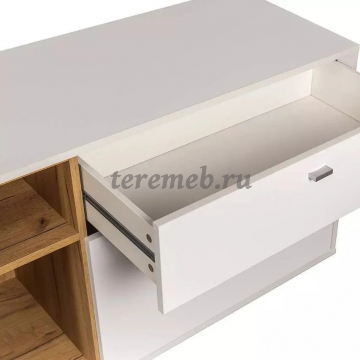 Тумба под ТВ Бэль 10.91, Материалы: ЛДСП; ПВХ; ДВП; Металл; Пластик, Цвет: Дуб крафт золотой/Белый премиум